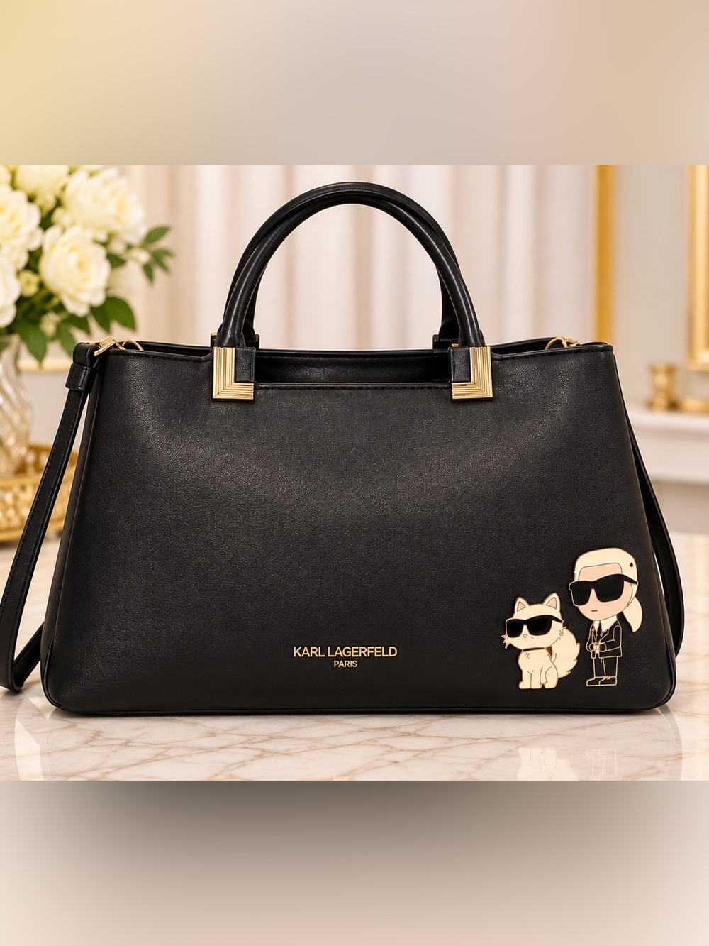 Karl Lagerfeld Black Leather Briefcase with Gold Hardware